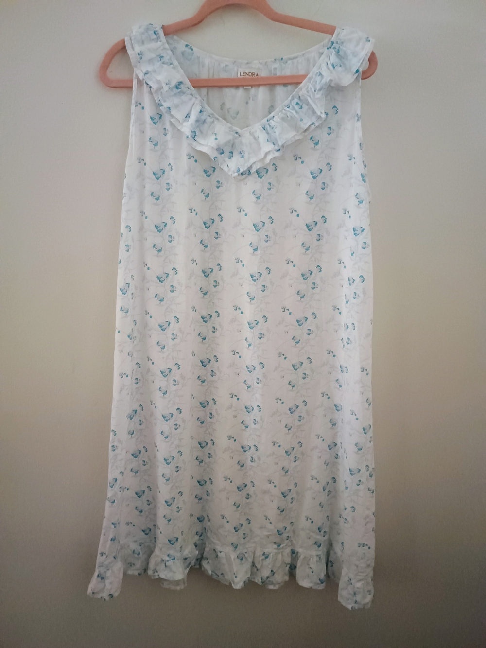 Lenora Blue & White Floral Ruffle Hem Vneck Women's Nightgown Size L